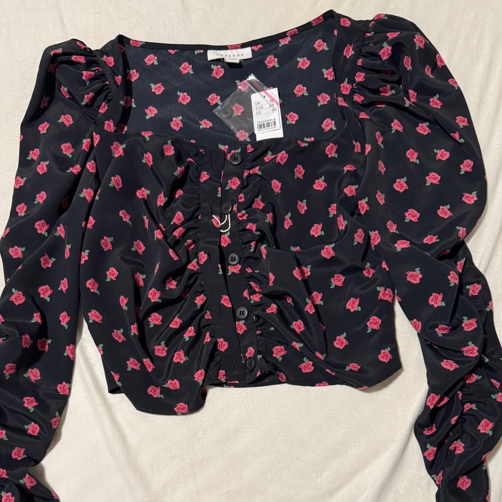 Topshop Black Blouse with Pink Floral Design